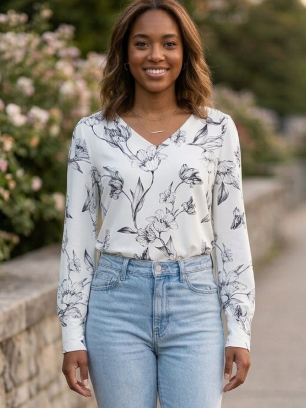 White House Black Market Floral Long Sleeve V-Neck Top - Small